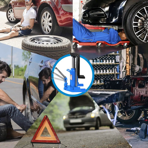 Heavy Duty 2 In 1 Hydraulic Bottle Toe Jack With Savage 10 Ton And 5 Ton Capacity, shown in use for lifting a car wheel.
