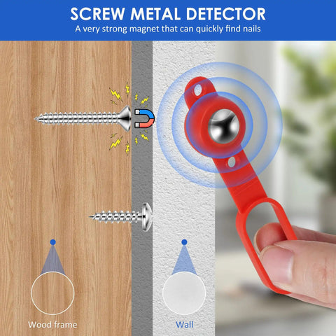 Heavy Duty Solid Gear Magnetic Stud Finder With 27 Lbs Pull Power To Snag Nails And Screws In Drywall Or Tile No Sweat Required Pocket Size Wall Tracker For Weekend Warriors detecting screws in wood and wall, showing strong magnet in use.