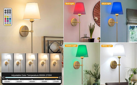 24 Inch Battery Powered Wall Sconce Pair With Remote Rechargeable 5000mAh LED Wall Lamps Dimmable No Wiring Needed Easy Setup 12 Hour Run Time 10 Color Modes Gold Finish Farmhouse Bedroom Decor, showing different color modes and remote control.