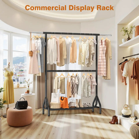 Built Like A Boss Double Rod Clothing Rack In Matte Black Steel, Handles Up To 622 Lbs Dead Flat With Zero Flex, Tall Garment Rack In Roomy Display Setting.