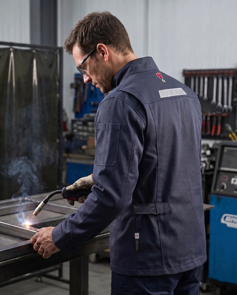 Man wearing Heavy Duty Flame Resistant Welding Jacket For Men With 9.5 Oz 100 Percent Cotton Fabric NFPA 2112 Certified while welding.