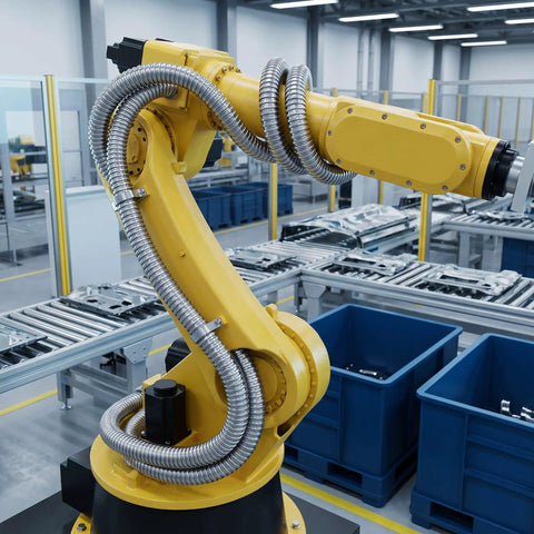 Heavy Duty Flexible Stainless Steel Electrical Wiring Conduit protecting cables on a yellow robotic arm in an industrial setting.