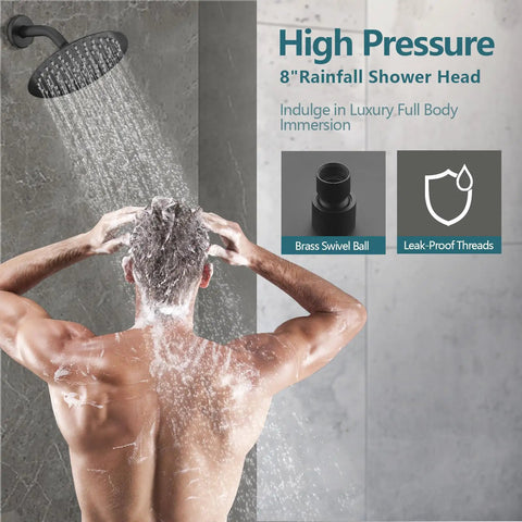 High Flow Eight Inch Matte Black Rain Shower Faucet And Tub Trim Kit With Round Rain Showerhead in use, providing full body immersion.