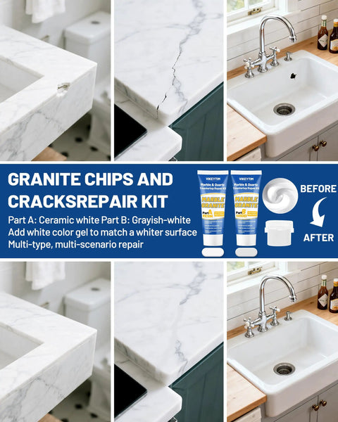 Tile, Marble And Granite Repair Kit Color Match For Quartz Countertops showing white paste and color gels with before-and-after images of countertops.