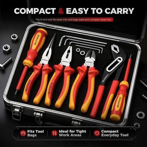 1000V Insulated Lineman Pliers, 6 Inch, VDE Certified Combination Pliers For Electrical Wiring, Cr-V Steel With Non-Slip Grips, Heavy Duty Pliers For Electricians, Safe, Reliable, All-Purpose Workhorse in compact tool case