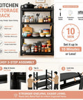 4 Tier Metal Open Kitchen Storage Shelf With Adjustable Pot Rack Black Powder Coated Steel Heavy Duty Kitchen Organizer Rust Resistant Shelving Unit 54 Inch Tall By 46 Inch Wide in use, loaded with jars and kitchen items, with easy assembly instructions visible.