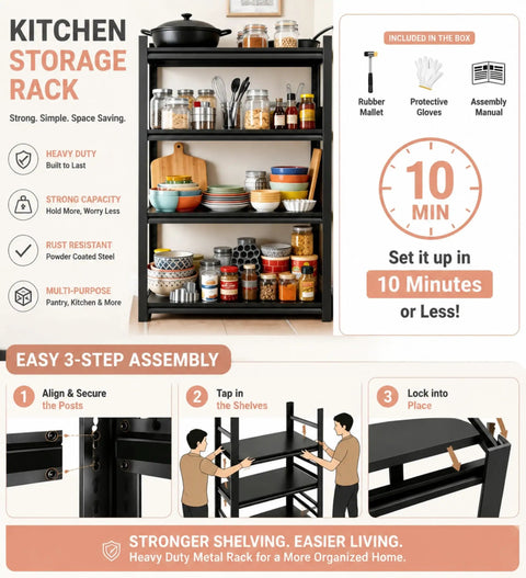 4 Tier Metal Open Kitchen Storage Shelf With Adjustable Pot Rack Black Powder Coated Steel Heavy Duty Kitchen Organizer Rust Resistant Shelving Unit 54 Inch Tall By 46 Inch Wide in use, loaded with jars and kitchen items, with easy assembly instructions visible.