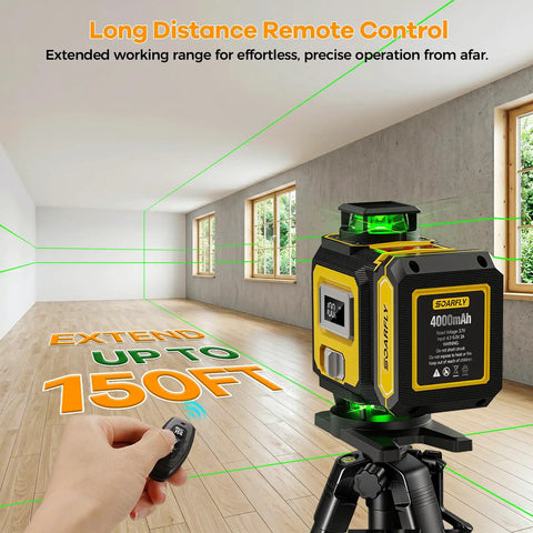 Laser Level With Tripod For Precise Tile Installation And Framing, Self Leveling 4x360 Green Beam, 4D Laser Level Kit With Dual 4000mAh Batteries, remote control view
