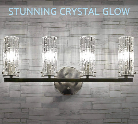 Ophelia 22 Inch Modern Four Light Vanity Fixture With Cylinder Hand Cut Glass Shades In Brushed Nickel Finish on wall