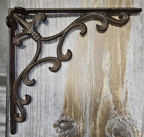 Heavy Duty Cast Iron Shelf Bracket Set With Ornate Fleur De Lis Pattern 10 By 10 Inch Shelf Supports For Sturdy Wall Shelves Classic Decorative Metal Brackets In Satin Brown Finish 8 Count