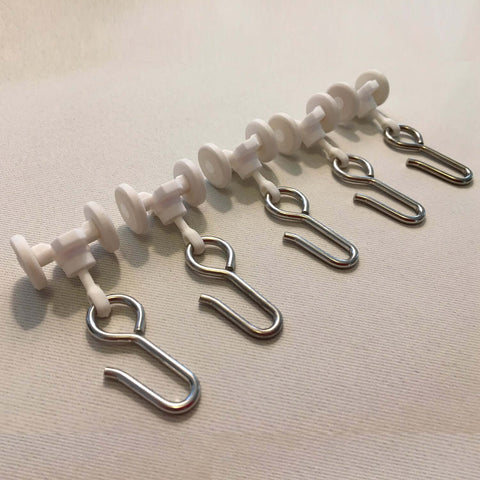 Ceiling Curtain Track Gliders Set Pack Of 10 with plastic body and steel hooks on smooth rolling wheels for ceiling rails