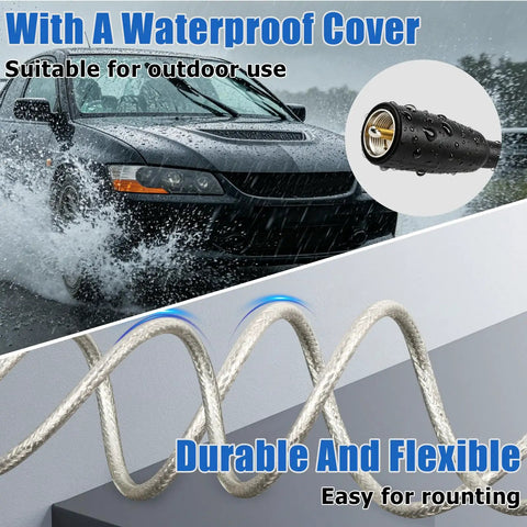 Removable UHF Connector Coax RG8X 10ft Low Loss Antenna Cable With Waterproof Boot shown in outdoor use with car