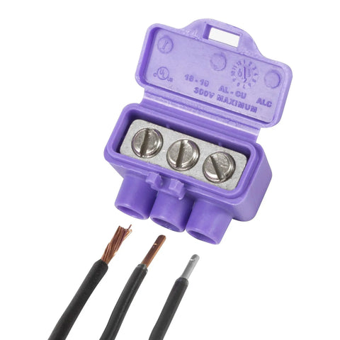 AlumiConn Wire Connectors 2500 Pack Purple Electrical Aluminum Copper Wiring Repair Kit showing three terminals and copper wires