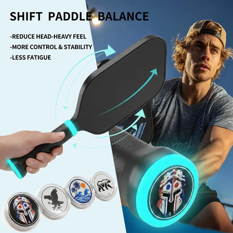 Counterbalance Pickleball Paddle Cap Coins 5g 10g 15g Set featuring handle, coins, and player in action for balance control.