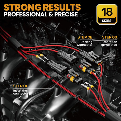 Crimping Tool Kit For One Point Five Millimeter Waterproof Automotive Connectors 22-14 AWG Ratchet Crimper installed in engine bay, showing connector insertion steps.