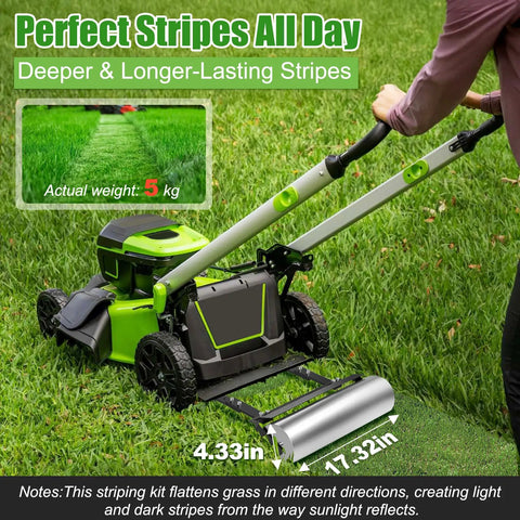 Heavy Duty Lawn Striping Kit For 21 Inch Push Mowers Compatible With LM2100 Series attached to mower, showing dimensions
