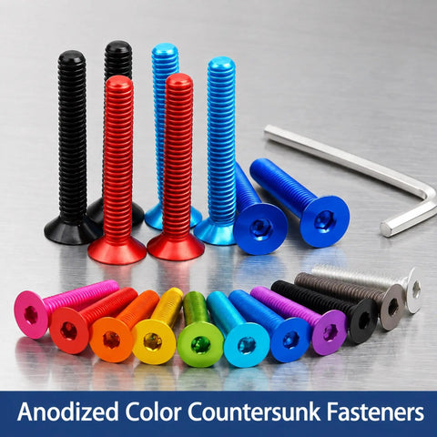 Get These Rad Colored Alumina Countersunk Head Screws In Hex Shape For Your Model Build Featuring M3 M4 M5 M6 Sizes To Fix Hardware Fast Without Hassle Or Matchup Issues, assorted colors on a metal surface.
