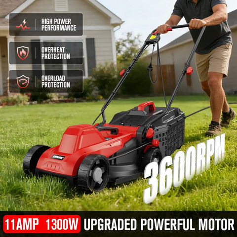 Man pushing Corded Electric Lawn Mower 14-Inch Deck 11Amp Power No Gas Quiet Lightweight Push Mower With 30L Bag on grass