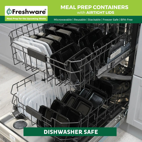 Top Tier Meal Prep Setup, Two Compartment Bento Boxes With Secure Lids, 15 Pack Stackable Food Storage Containers, BPA Free Microwave And Dishwasher Safe, 28 Oz Portions Hit The Spot Daily in dishwasher.