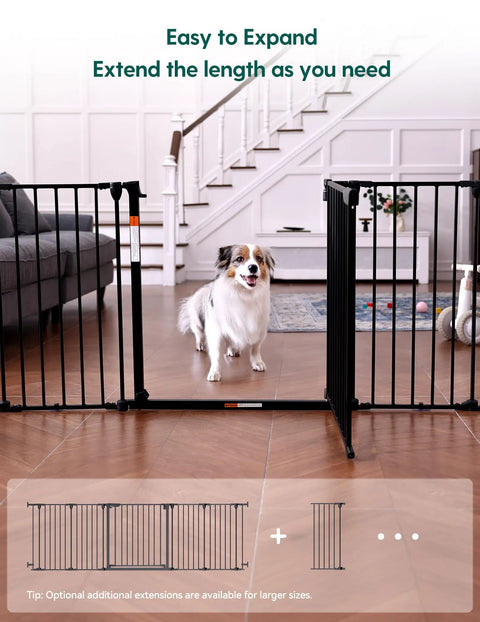 Auto Close Baby Gate For Narrow Doorways And Stairs, black gate with pet, expandable, fits 26 to 28.5 inch openings, secure