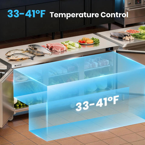 Commercial Undercounter Refrigerator 20.9 Cubic Foot Three Door Stainless Steel Worktop with food items and temperature control display.