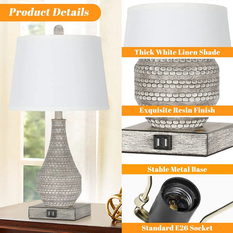 Two Rustic Vase Table Lamps For Bedroom And Living Room, Touch activated lamps with thick white linen shade and resin finish