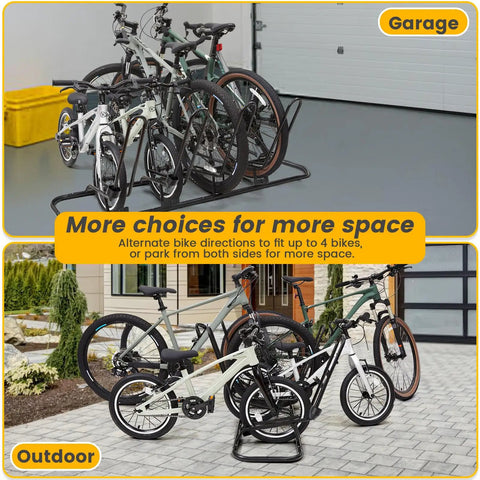 Rock Solid Four Bike Floor Rack With Zero Scratch Guards For Disc Brakes And Derailleurs Upgraded Steel Garage Organizer holds bikes in garage and outdoor setting.