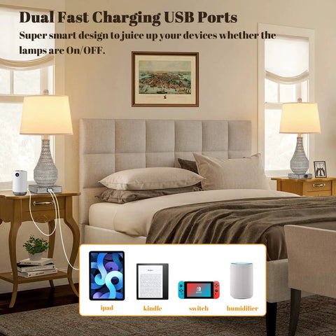 Bedroom with two rustic vase table lamps, touch activated, USB ports, 3-way dimmable, includes 2700K Edison bulbs, cozy farmhouse vibe.