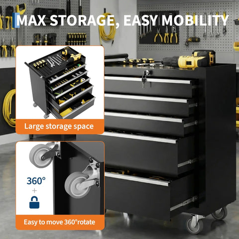5 Drawer Rolling Tool Chest On Wheels With Locking System And Drawer Liners Beefy Heavy Duty Steel Tool Storage Cabinet