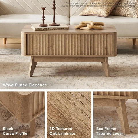 Lift Top Coffee Table With Hidden Storage, Mid Century Modern Farmhouse Design, Fluted Oak Finish living room centerpiece with tapered legs.