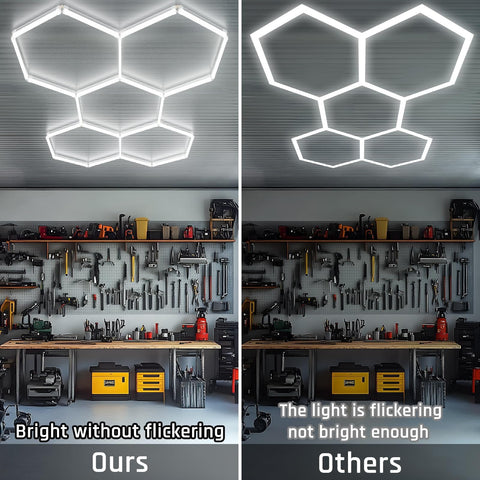 Comparative image of Hexagon LED Garage Lights 5 Pack 6500K Ultra Bright Ceiling Lighting installed in a garage vs other lights.