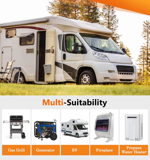 Outdoor RV setup with two stage propane regulator for RV and outdoor appliances, showcasing compatibility with grill, generator, and heater.