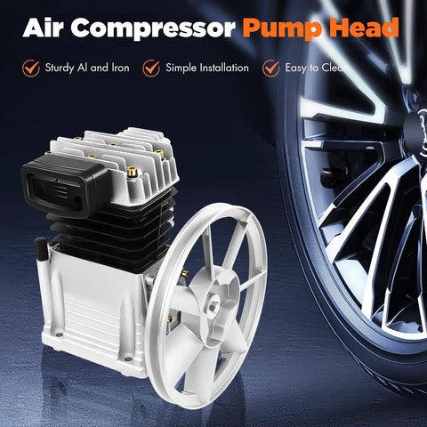 Heavy Duty 2HP Air Compressor Pump Head, Twin Cylinder Aluminum Piston For 1500W Unit, shown with sturdy AI and iron details.