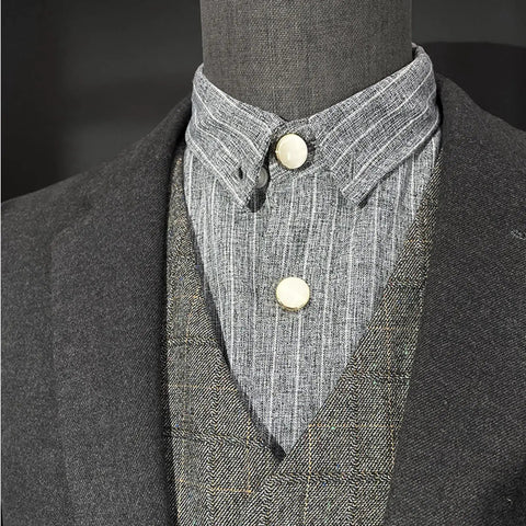Copper Button Covers For Travel And Formal Wear Snap On Cufflink Style Accessories over striped dress shirt and blazer.