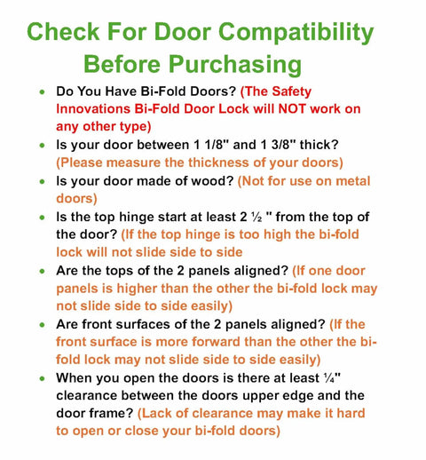 Door compatibility guide with instructions for 4 Pack Bi-Fold Door Lock Kit For Closets Kid And Pet Proof No Tools Needed Clear Polycarbonate Ultra Strong Protection