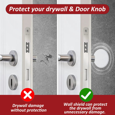 White Round Door Knob Wall Shield Self Adhesive Protector comparison before and after installation preventing door knob damage.