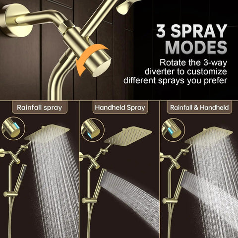 Top Grade 10 Inch Brushed Gold Rainfall Shower Head With Adjustable Handheld Sprayer showing 3 spray modes and diverter.