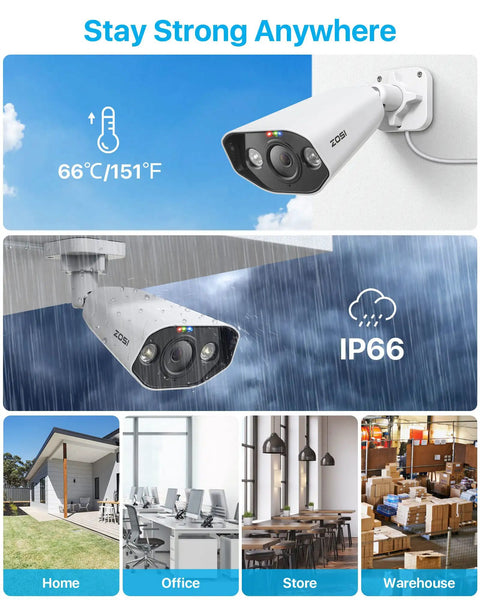 Rock Solid 5MP PoE Outdoor Security Cameras With Slick AI Person And Vehicle Detection Built Hella Tough For Extreme Weather Featuring Quick Ethernet Hookup And Seriously Crisp Video mounted on a wall, weatherproof, ideal for outdoor use.