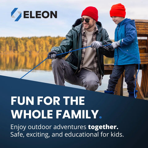 ELEON banner with a man and child fishing by a lake; autumn trees in background and a visible blue rope.