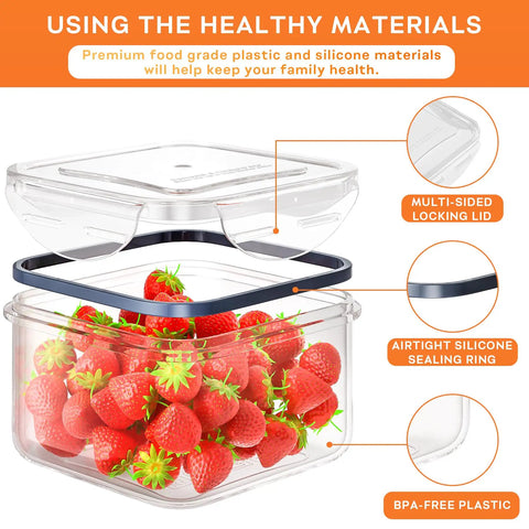 40 Piece Food Storage Container Set with Airtight Lids showcasing clear design filled with strawberries, emphasizing BPA-free plastic.