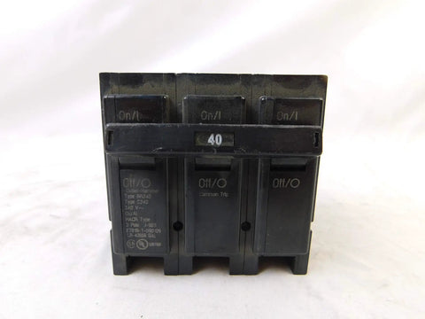 Front view of BR Type Plug-On Mount 3-Pole 40 Amp 240V AC Circuit Breaker for Panels and Load Centers, hassle-free install.
