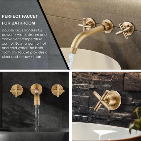 Brushed gold wall mounted faucet with dual cross handles, 3 hole widespread design, flowing water into white sink