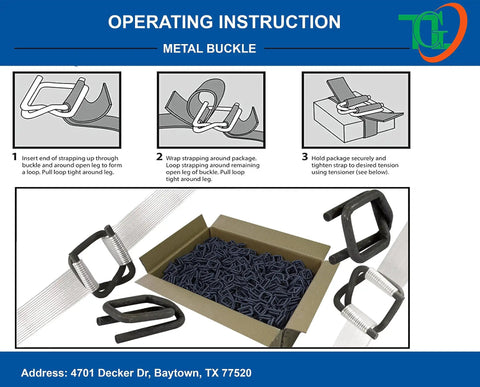 Heavy Duty Phosphate Strapping Buckle Set For Three Quarter Inch Woven Cord Strapping Tape Anti Slip Coating For Maximum Grip Built Tough For Heavy Loads 200 Pack with detailed usage instructions and packaging view.