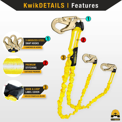 Double Leg Rattler Y-Leg Safety Lanyard with Internal Shock Absorber, features 3 anodized steel snap hooks and premium stitching.