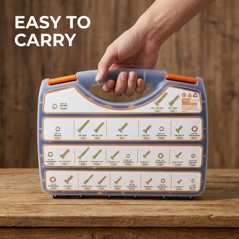 Carrying case of 1004 Piece Beefy Grade 8 Nuts And Bolts Kit With SAE Sizes Quarter Inch by Twenty Tpi for truck installations.