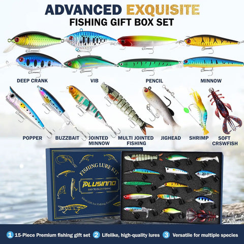Action Packed Bass Fishing Lures Kit With Tackle Box For Freshwater And Saltwater Use Realistic Color Patterns And Proven Action Versatile Bait Set For Trout And More A Great Gift For Men And Dad Anglers featuring a variety of lures displayed with labeled names.