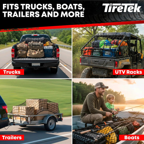 Pro Grade Bungee Cargo Net Rock Hard 5Mm Latex Core 4X6 To 8X12 Double Stretch Mesh Grid in a truck bed securing gear.