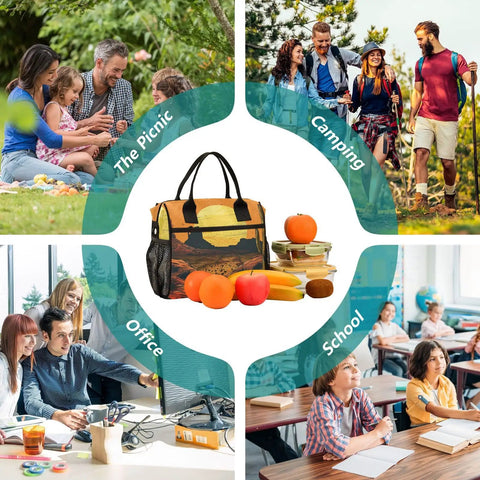 Insulated Lunch Tote Bag For Outdoor Picnics And Camping Cooler Bag with fruit and containers in lifestyle settings