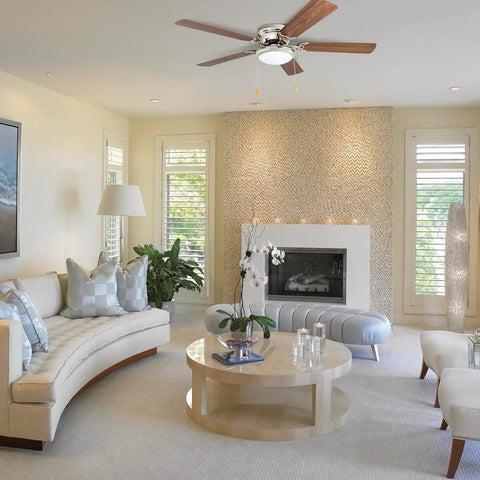 Low Ceiling Friendly Hugger 52 Inch White Ceiling Fan With Bowl Light Kit in modern living room with dual finish blades