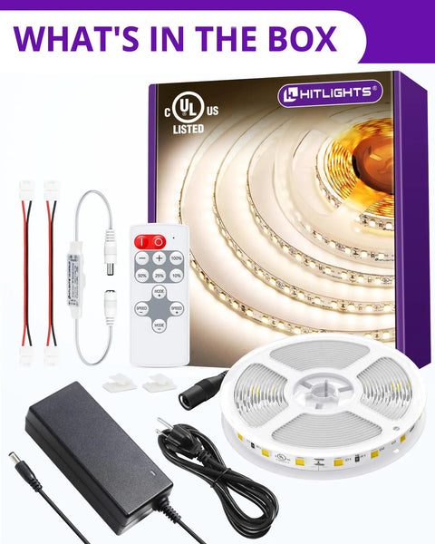 White LED Strip Lights Kit With Remote And 12V Power Supply, 16.4ft High-Density Dimmable Tape Light 4000K, 600 LEDs, UL Listed box contents